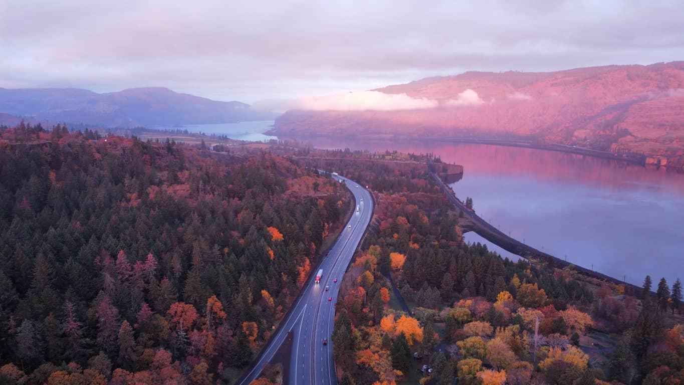Aerial view of The Dalles Oregon along the Columbia River Gorge